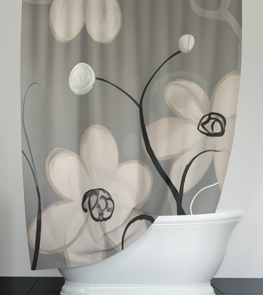Gray Minimalist Floral Line Pattern Shower Curtain