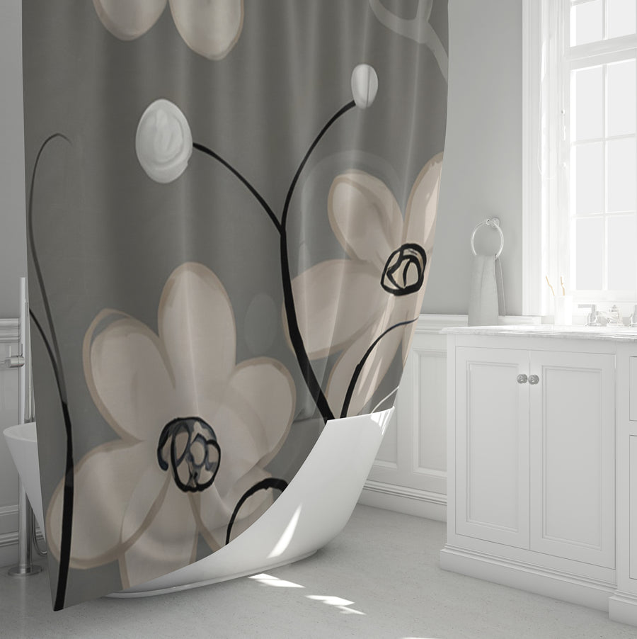 Gray Minimalist Floral Line Pattern Shower Curtain