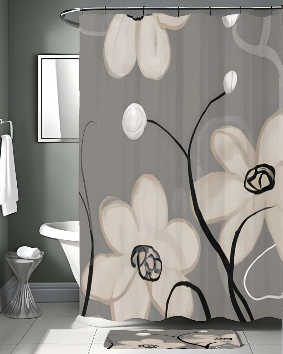 Gray Minimalist Floral Line Pattern Shower Curtain