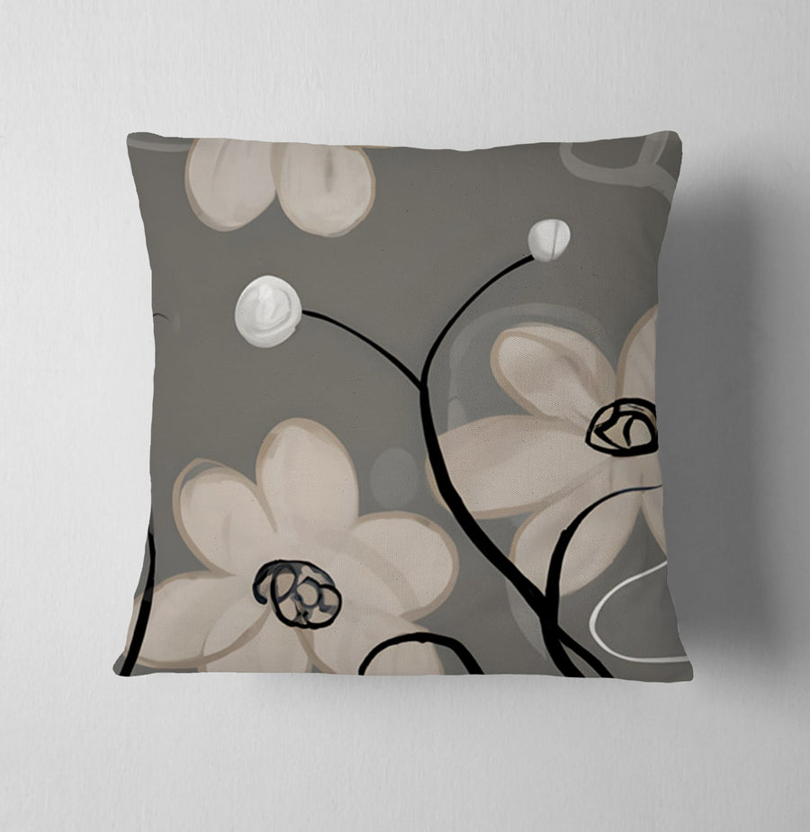 Gray Minimalist Floral Line Pattern Throw Pillow Cover