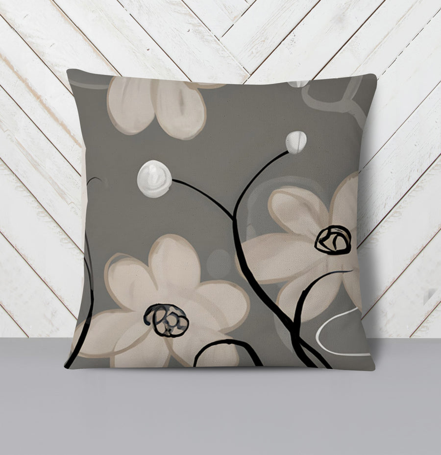 Gray Minimalist Floral Line Pattern Throw Pillow Cover