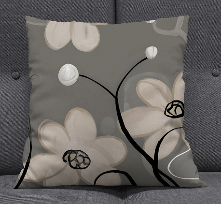 Gray Minimalist Floral Line Pattern Throw Pillow Cover