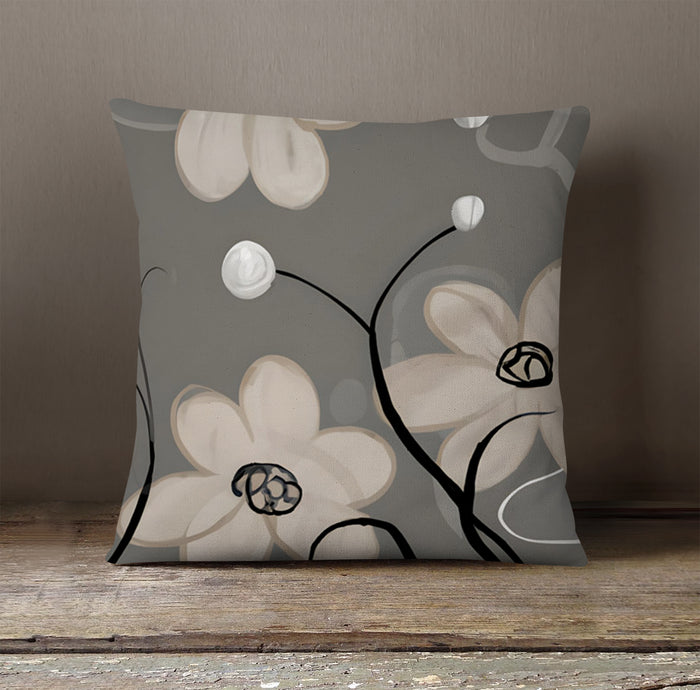 Gray Minimalist Floral Line Pattern Throw Pillow Cover