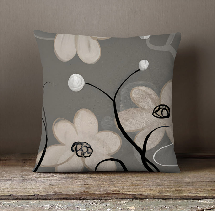 Gray Minimalist Floral Line Pattern Throw Pillow Cover