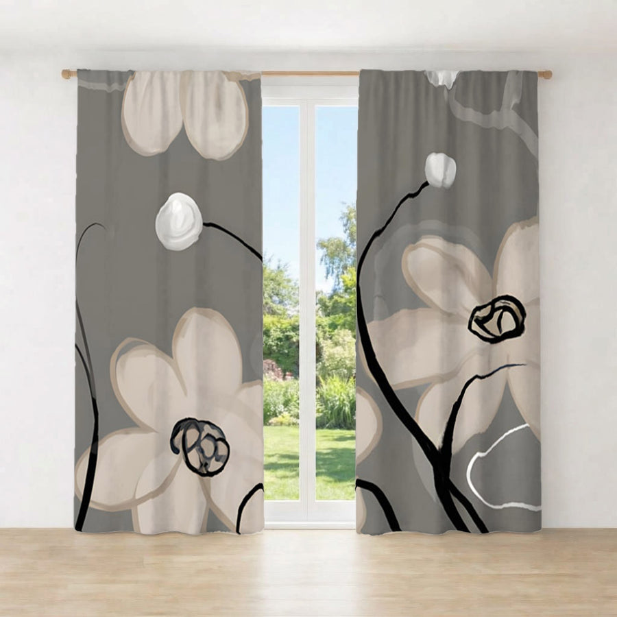 Gray Minimalist Floral Line Pattern Window Curtains