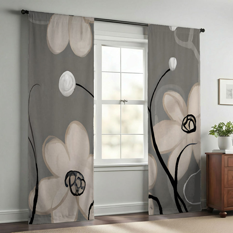 Gray Minimalist Floral Line Pattern Window Curtains