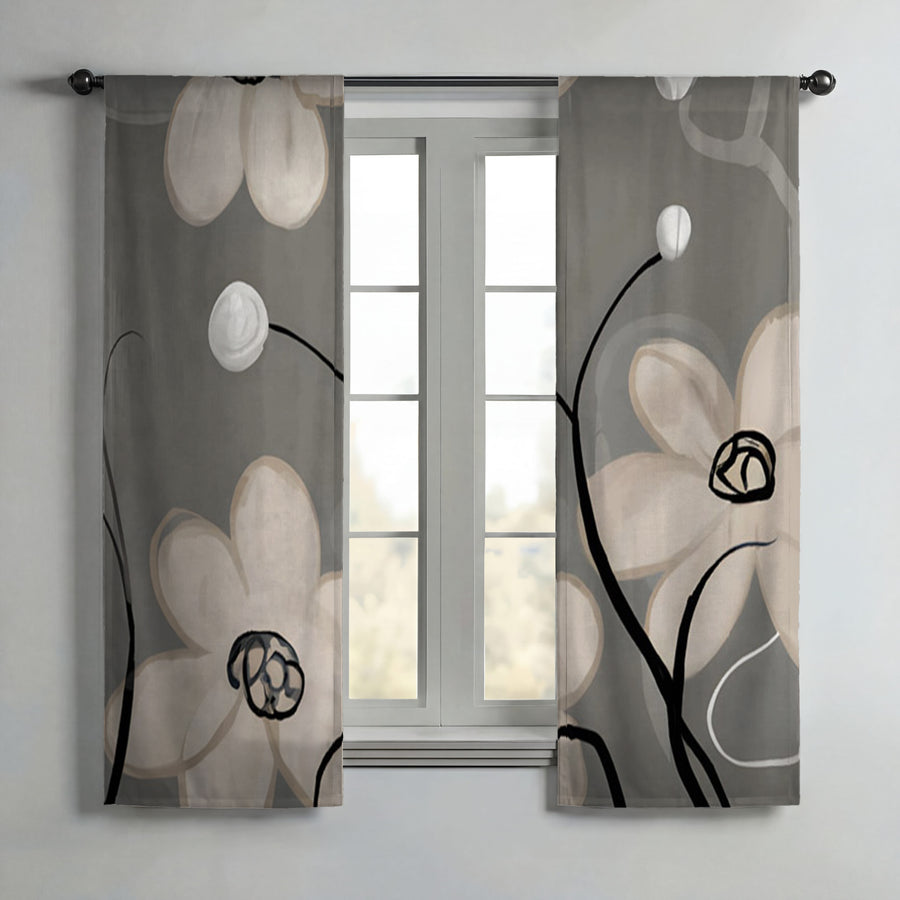 Gray Minimalist Floral Line Pattern Window Curtains