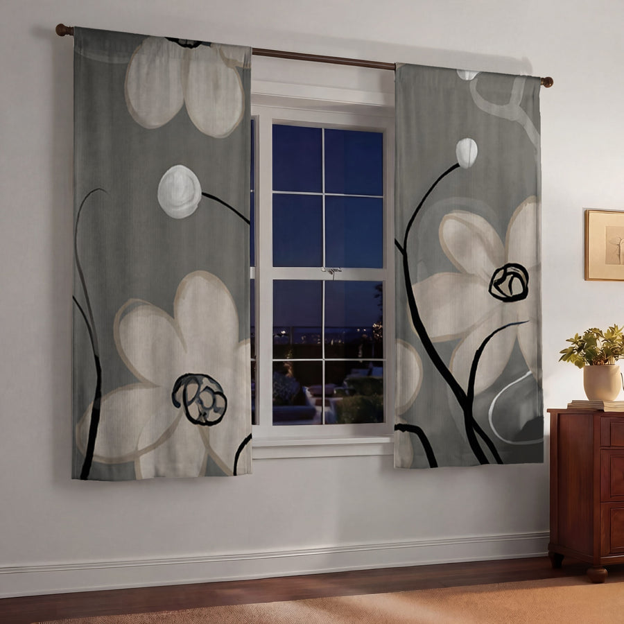 Gray Minimalist Floral Line Pattern Window Curtains