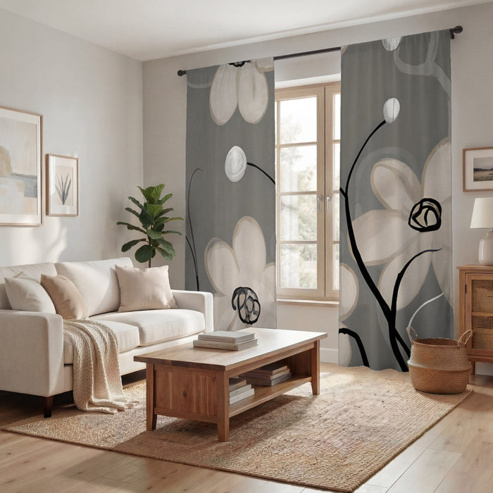 Gray Minimalist Floral Line Pattern Window Curtains