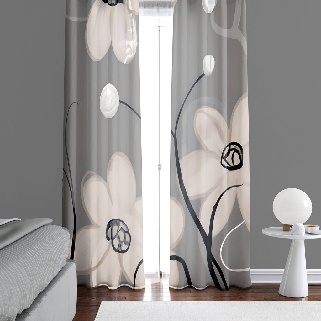 Floral Window Curtains - Beige and Gray Contemporary Print - Deja Blue Studios