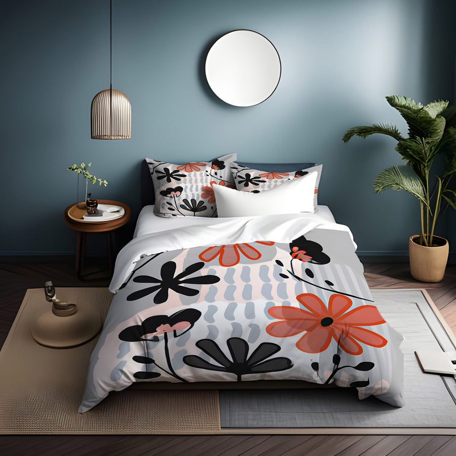 Red and Black Retro Floral Pattern Duvet Cover