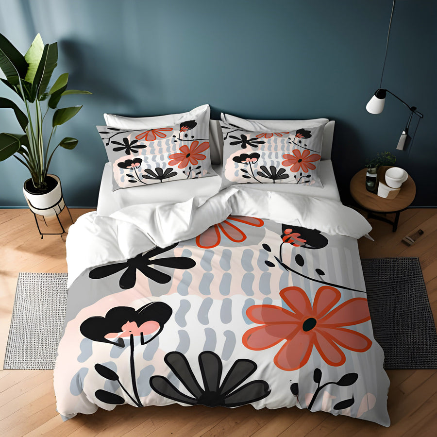 Red and Black Retro Floral Pattern Duvet Cover