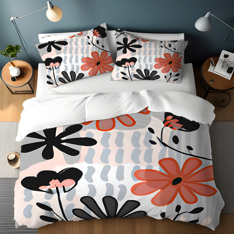 Red and Black Retro Floral Pattern Duvet Cover