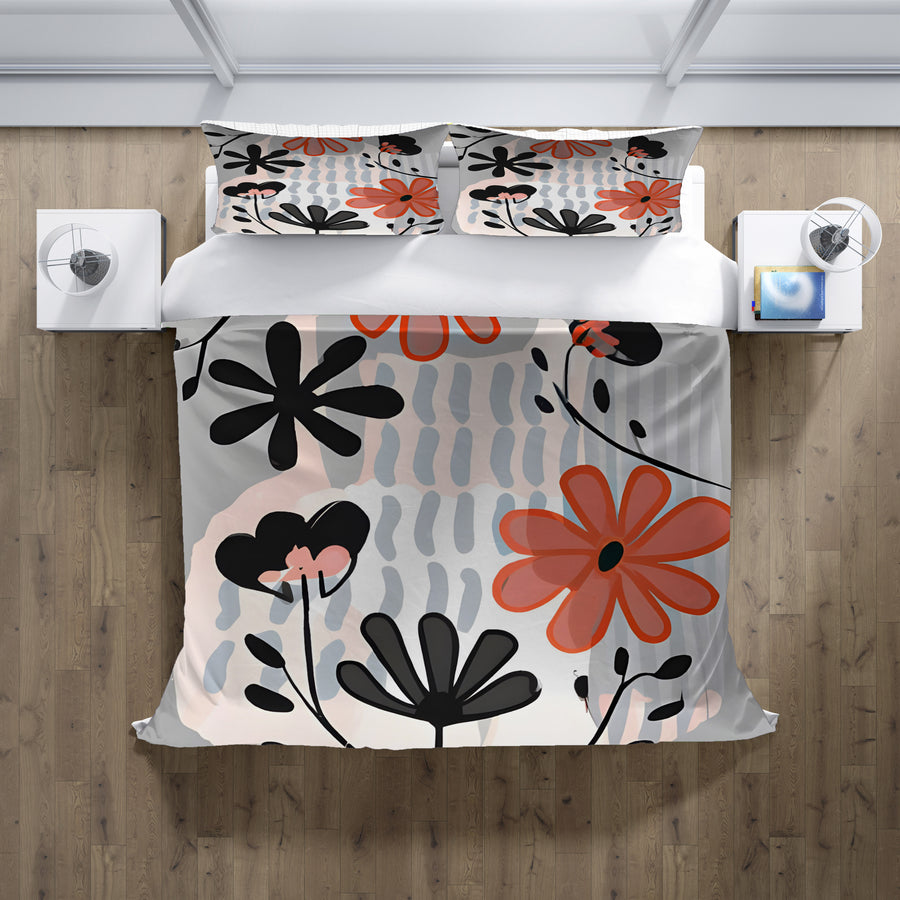 Red and Black Retro Floral Pattern Duvet Cover