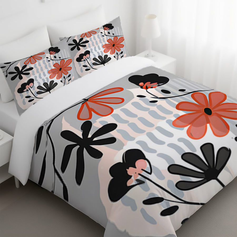 Red and Black Retro Floral Pattern Duvet Cover