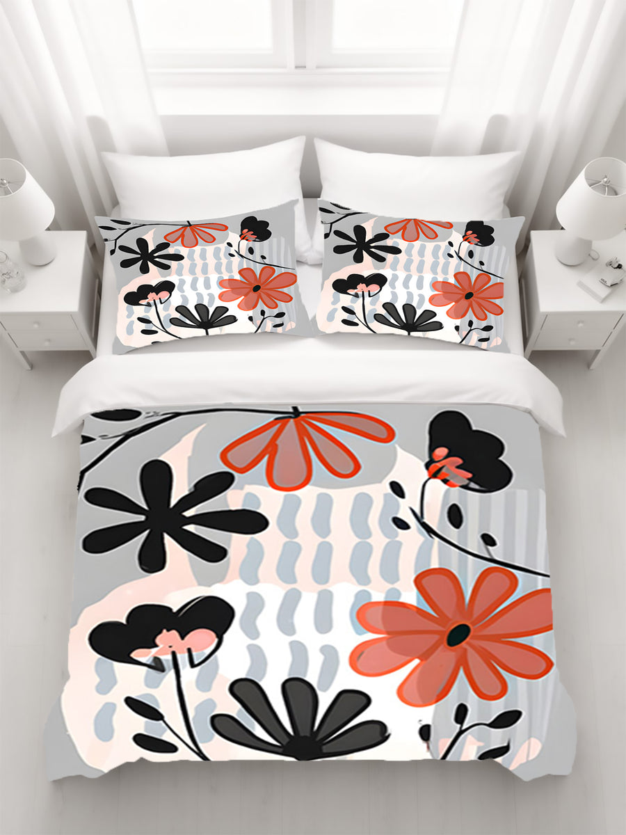 Red and Black Retro Floral Pattern Duvet Cover