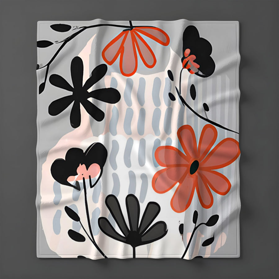 Red and Black Retro Floral Pattern Fleece Sherpa Blanket