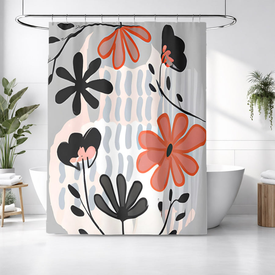 Red and Black Retro Floral Pattern Shower Curtain