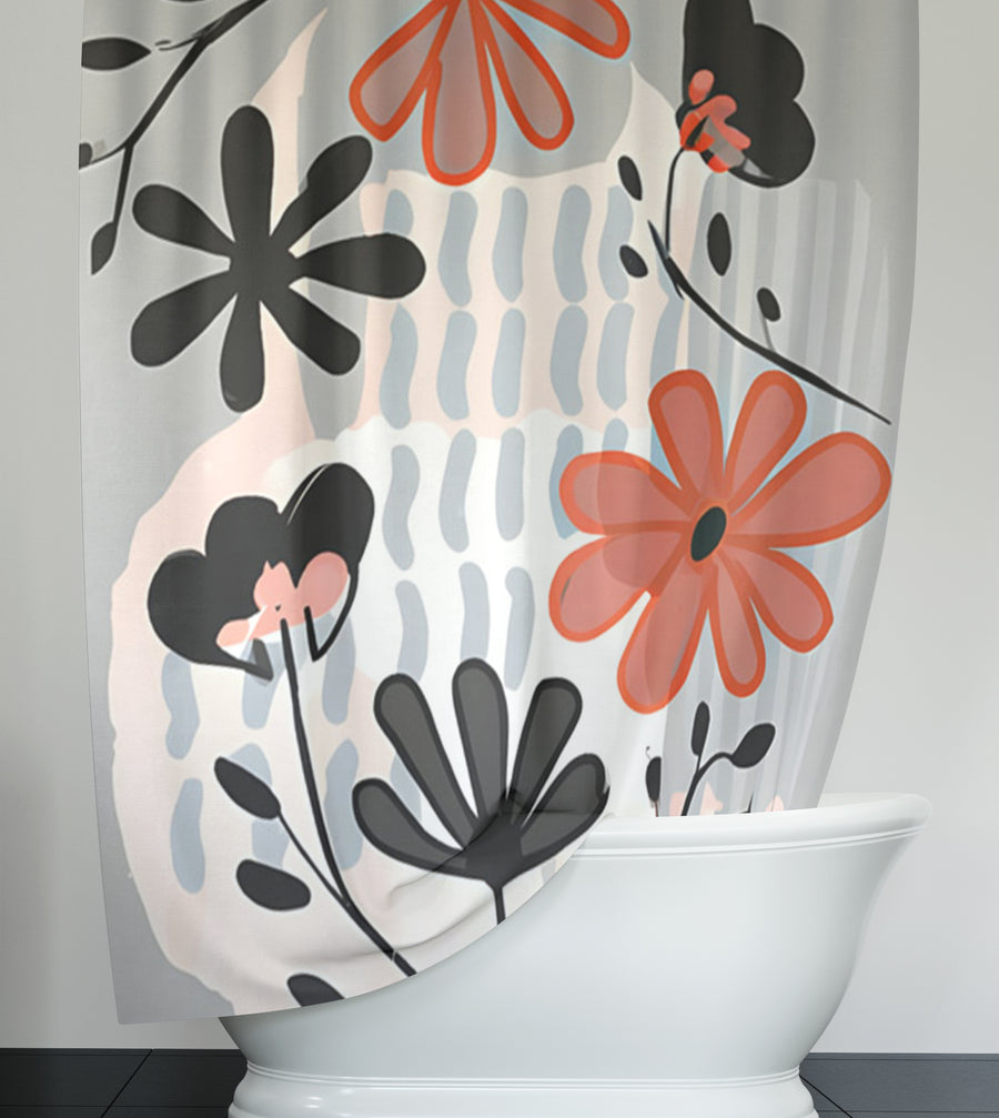 Red and Black Retro Floral Pattern Shower Curtain