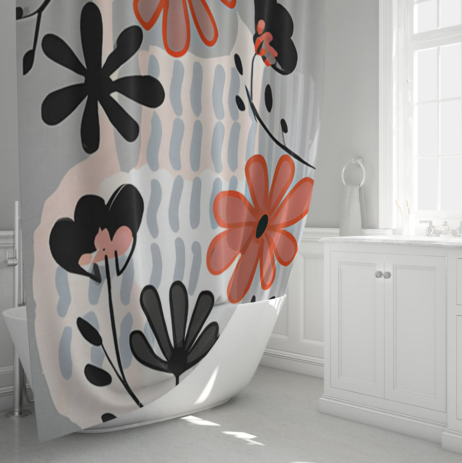 Red and Black Retro Floral Pattern Shower Curtain