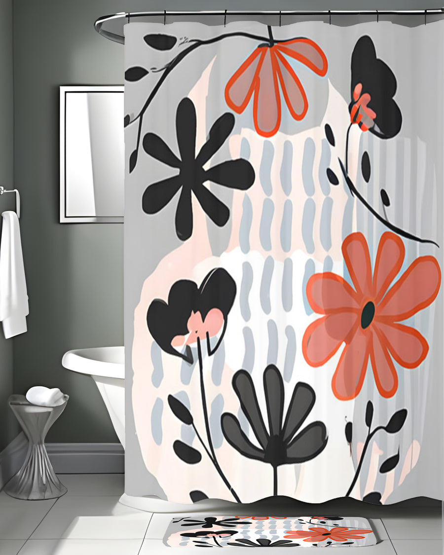 Red and Black Retro Floral Pattern Shower Curtain