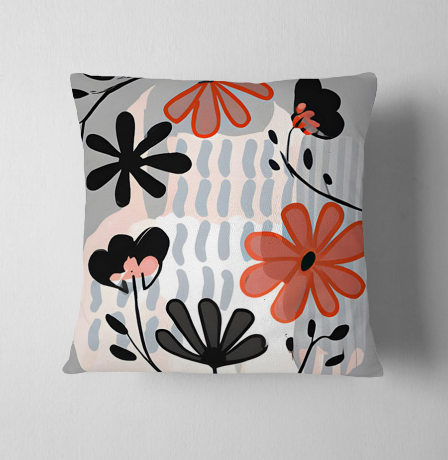 Red and Black Retro Floral Pattern Throw Pillow Cover