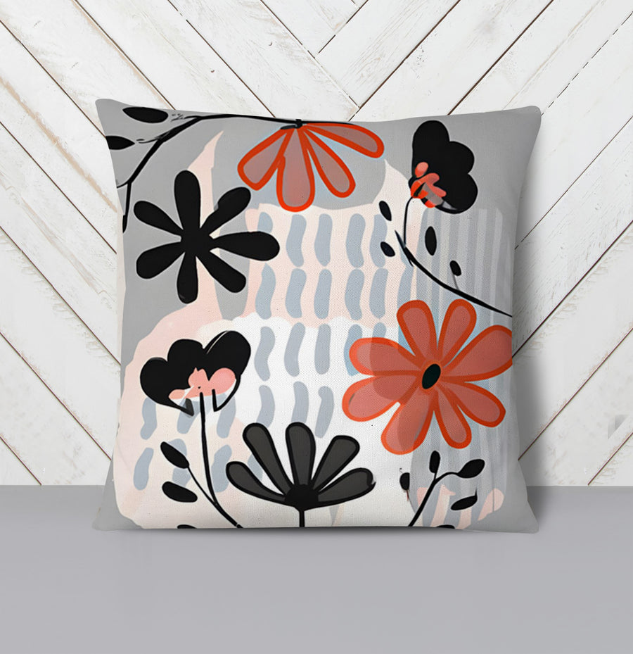 Red and Black Retro Floral Pattern Throw Pillow Cover