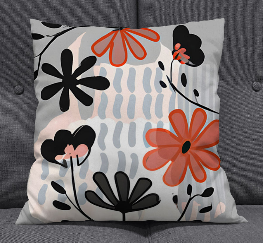 Red and Black Retro Floral Pattern Throw Pillow Cover