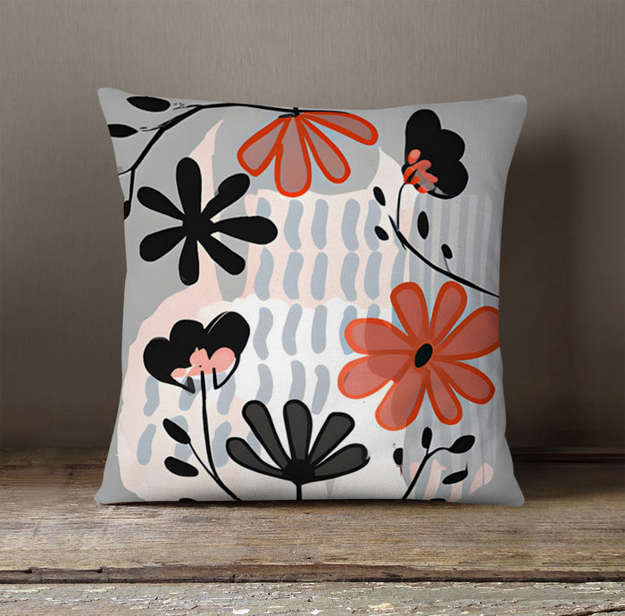 Red and Black Retro Floral Pattern Throw Pillow Cover