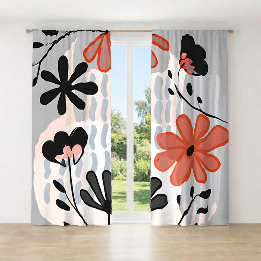 Red and Black Retro Floral Pattern Window Curtains