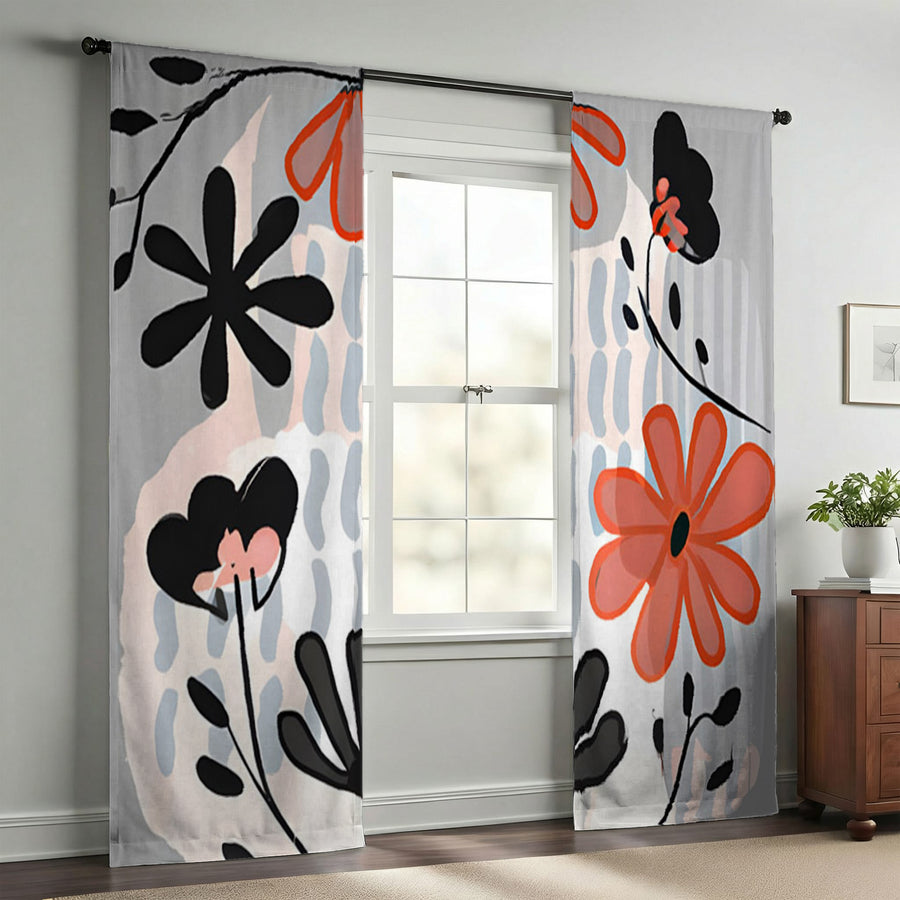 Red and Black Retro Floral Pattern Window Curtains