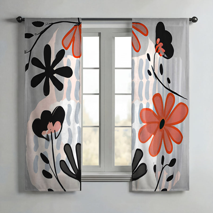 Red and Black Retro Floral Pattern Window Curtains