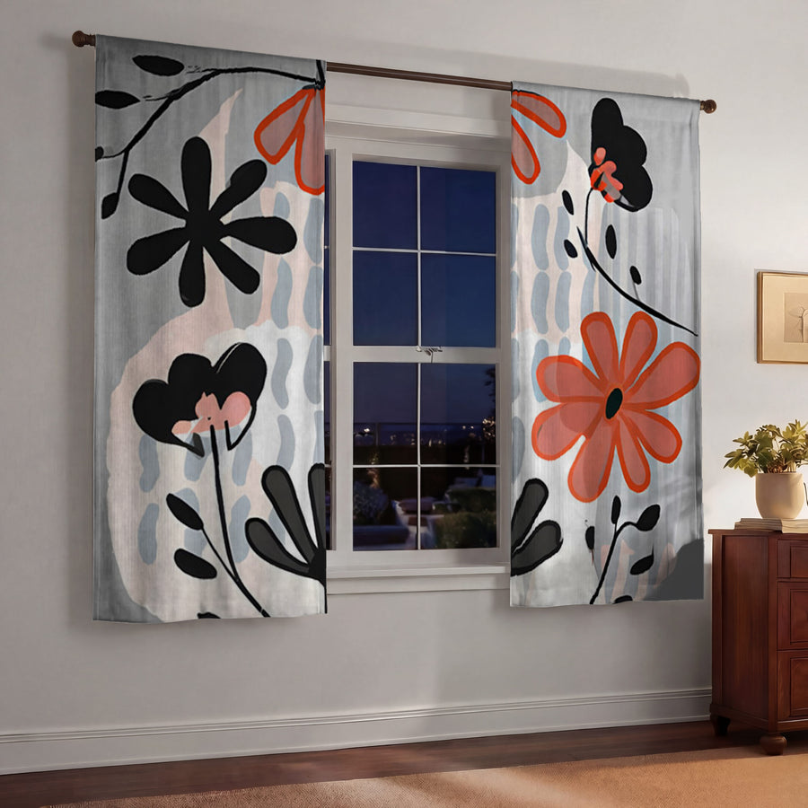 Red and Black Retro Floral Pattern Window Curtains