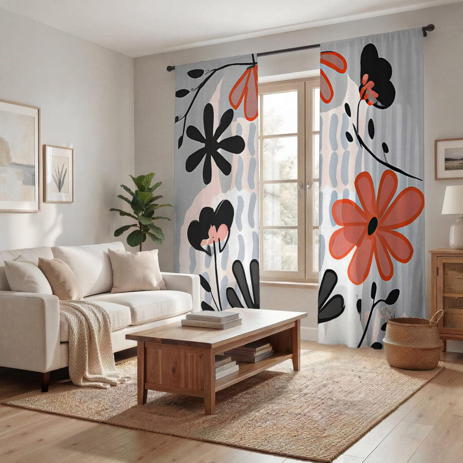 Red and Black Retro Floral Pattern Window Curtains