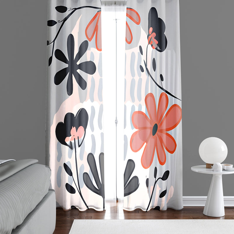 Floral Window Curtains - Gray, Pink and Orange Modern Contemporary Print - Deja Blue Studios