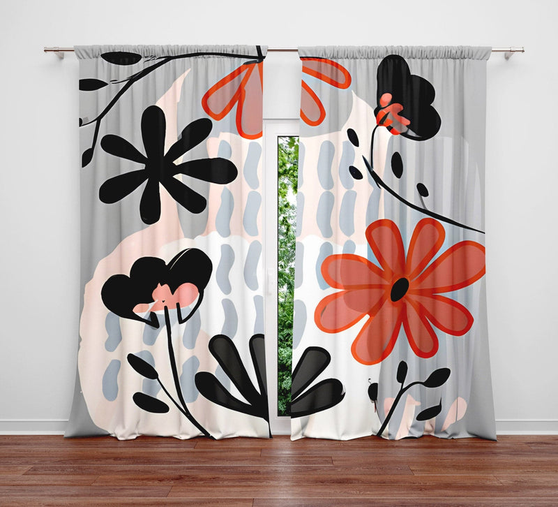 Floral Window Curtains - Gray, Pink and Orange Modern Contemporary Print - Deja Blue Studios