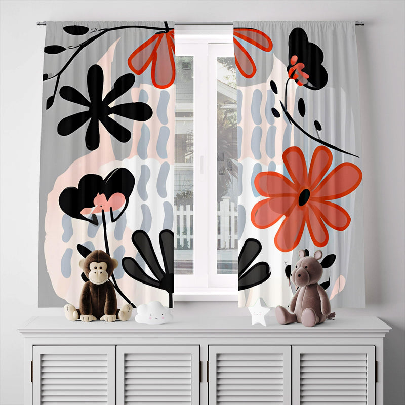 Floral Window Curtains - Gray, Pink and Orange Modern Contemporary Print - Deja Blue Studios