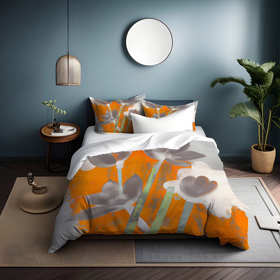 Orange and Gray Abstract Floral Pattern Duvet Cover