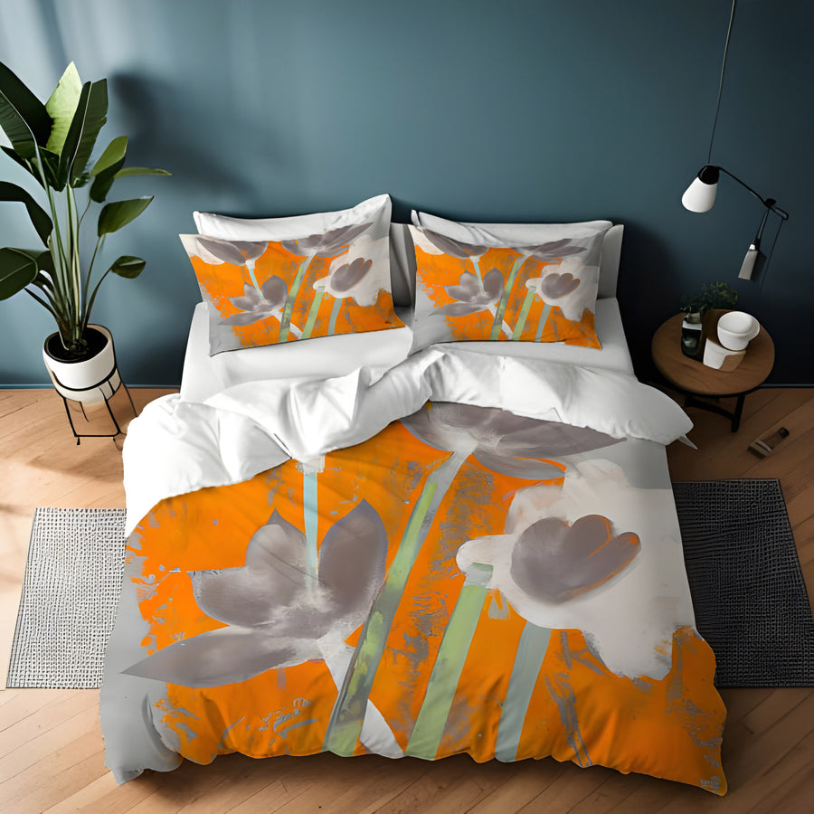 Orange and Gray Abstract Floral Pattern Duvet Cover