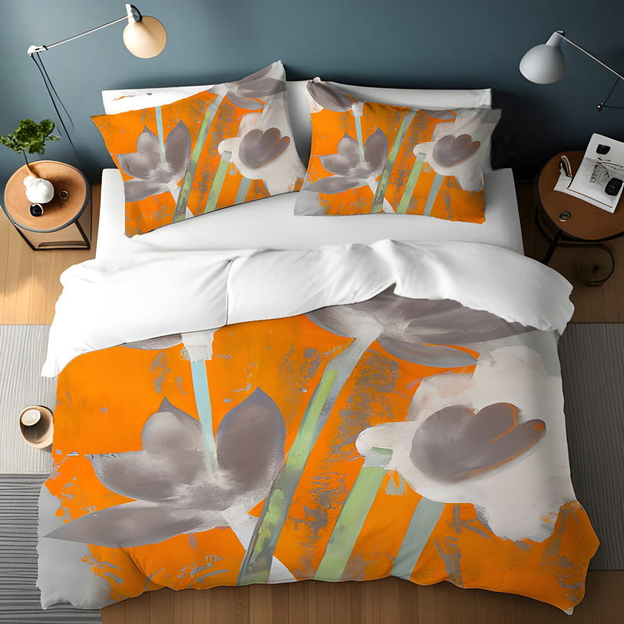 Orange and Gray Abstract Floral Pattern Duvet Cover