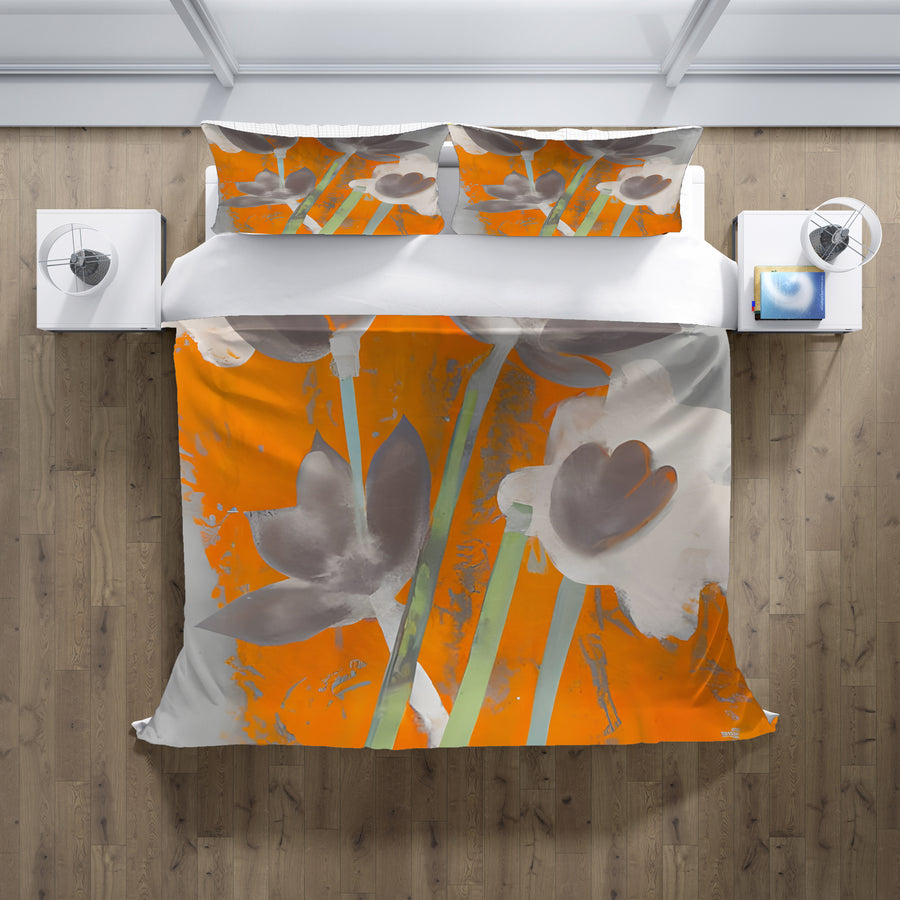Orange and Gray Abstract Floral Pattern Duvet Cover