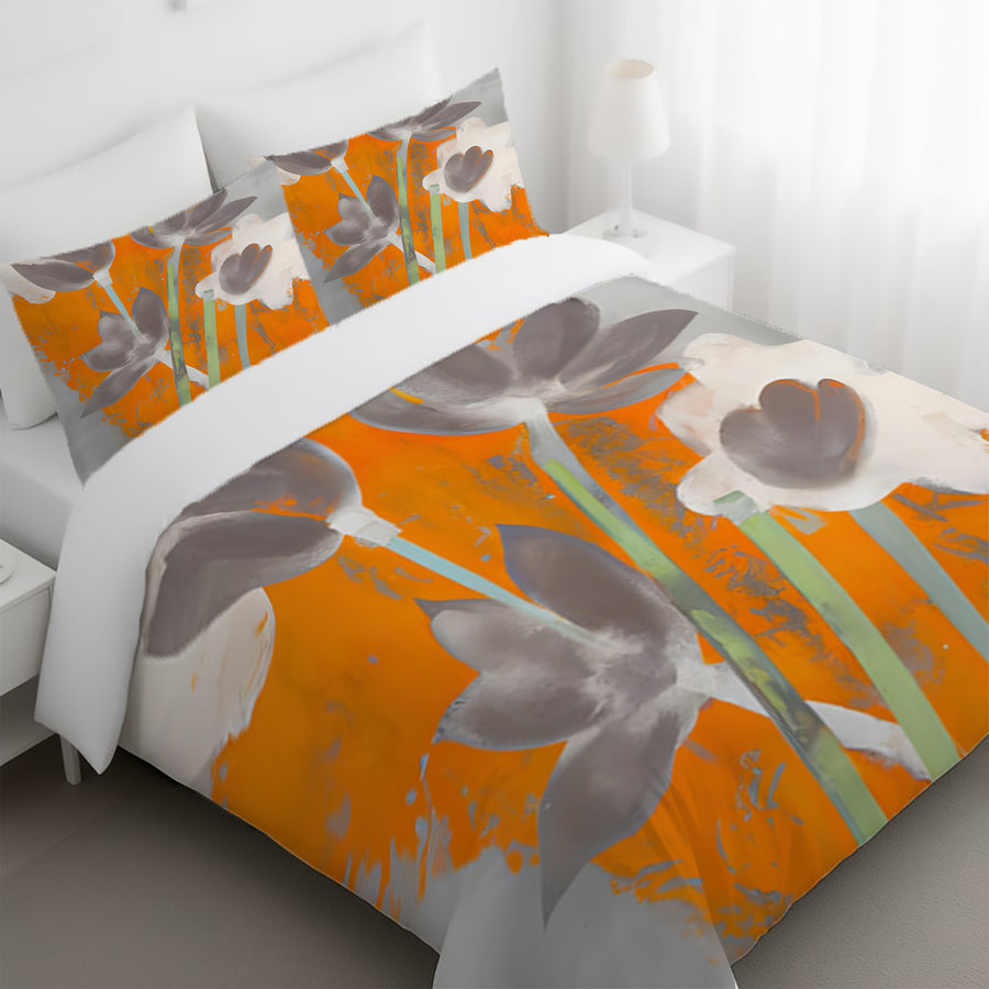Orange and Gray Abstract Floral Pattern Duvet Cover