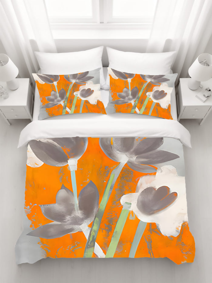 Orange and Gray Abstract Floral Pattern Duvet Cover