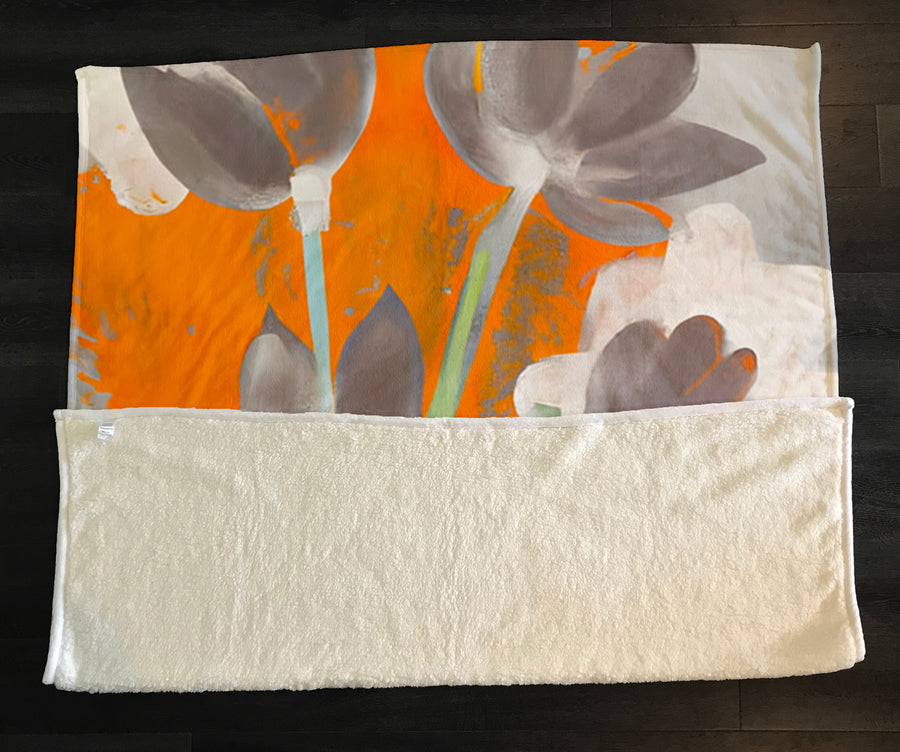 Orange and Gray Abstract Floral Pattern Fleece Sherpa Blanket