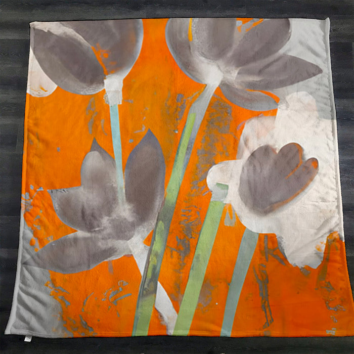Orange and Gray Abstract Floral Pattern Fleece Sherpa Blanket