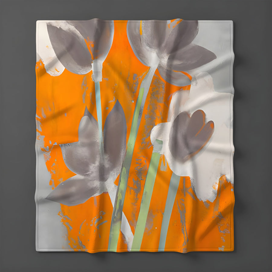 Orange and Gray Abstract Floral Pattern Fleece Sherpa Blanket