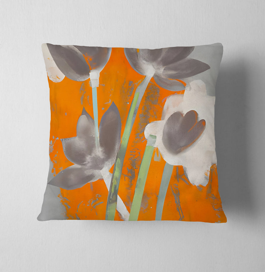 Orange and Gray Abstract Floral Pattern Throw Pillow Cover