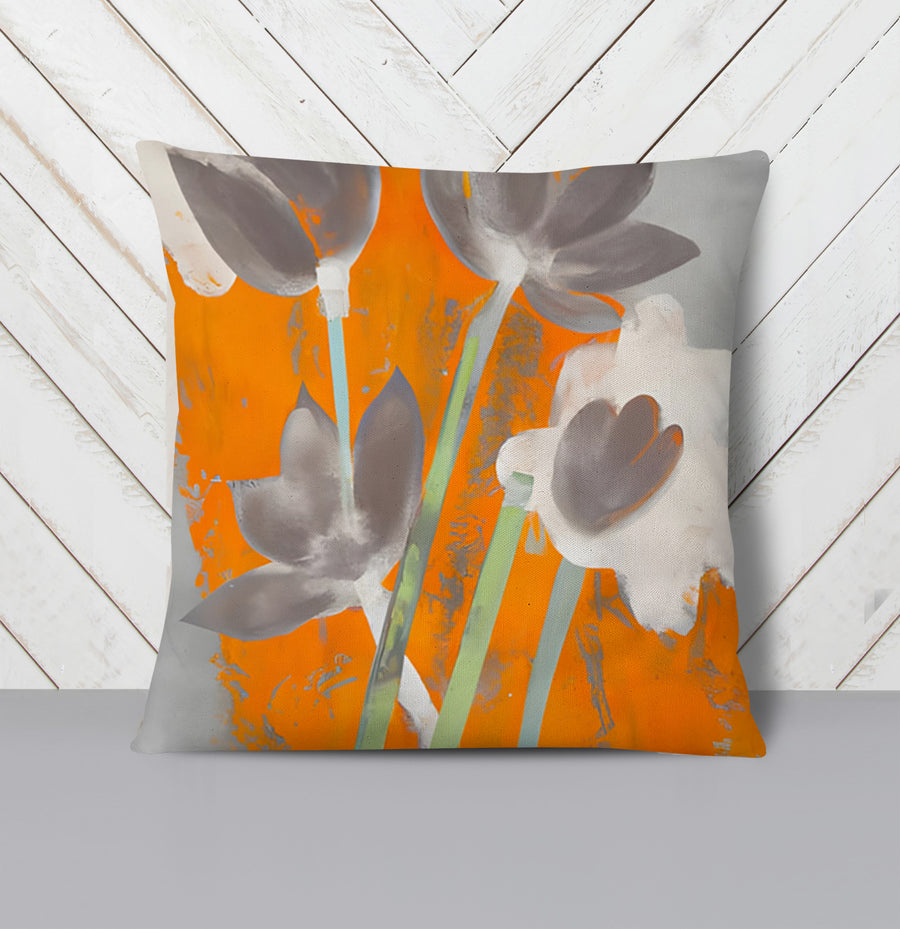 Orange and Gray Abstract Floral Pattern Throw Pillow Cover