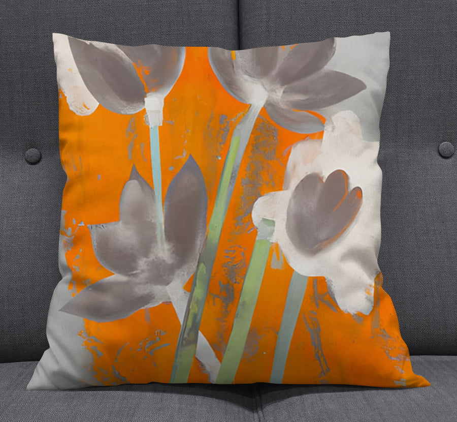 Orange and Gray Abstract Floral Pattern Throw Pillow Cover