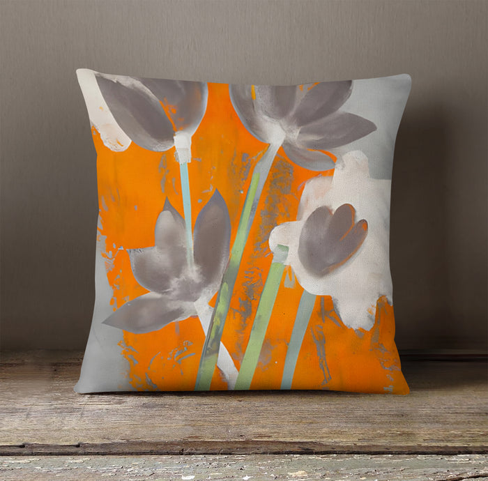 Orange and Gray Abstract Floral Pattern Throw Pillow Cover
